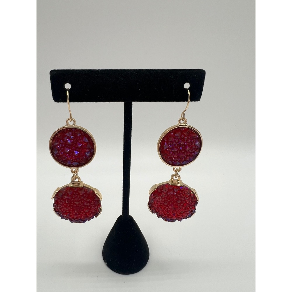 Red Faux Druzy Double Drop Earrings Gold Tone Statement Jewelry 0185